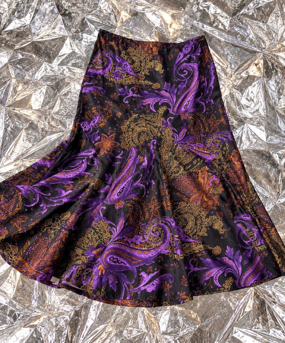 CAHO Size 12 Purple Paisley A-Line Midi Skirt Black Rust Gold